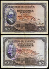 1927. 50 pesetas. (Ed. B115) (Ed. 332). 17 de mayo. Alfonso XIII. 2 billetes, tampón en azul y violeta. BC+/MBC-.