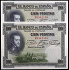 1925. 100 pesetas. (Ed. C1) (Ed. 350). 1 de julio, Felipe II. Pareja correlativa, serie F. S/C-.