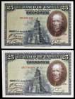 1928. 25 pesetas. (Ed. C4) (Ed. 353). 15 de agosto, Calderón de la Barca. 2 billetes, series C y D. EBC+.