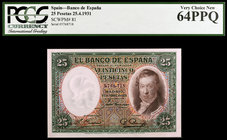 1931. 25 pesetas. (Ed. C9) (Ed. 358). 25 de abril, Vicente López. Certificado por la PCGS como Very Choice New 64PPQ. S/C.