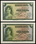 1935. 5 pesetas. (Ed. C14a) (Ed. 363a). 2 billetes, serie J. S/C-.