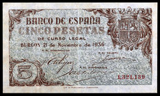 1936. Burgos. 5 pesetas. (Ed. D18) (Ed. 417). 21 de noviembre. Dobleces. Muy raro. MBC-.