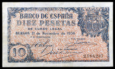 1936. Burgos. 10 pesetas. (Ed. D19) (Ed. 418). 21 de noviembre. Doblez central, pero buen ejemplar. Muy raro. MBC+.