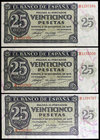 1936. Burgos. 25 pesetas. (Ed. D20a) (Ed. 419a). 21 de noviembre. 3 billetes, serie H. Dobleces. (EBC-).