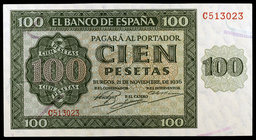 1936. Burgos. 100 pesetas. (Ed. D22a) (Ed. 421a). 21 de noviembre. Serie C. Levísimo doblez central. EBC+.