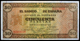 1938. Burgos. 50 pesetas. (Ed. D32a) (Ed. 431a). 20 de mayo. Serie D. Escaso. MBC+.