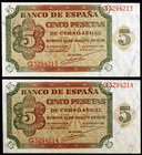 1938. Burgos. 5 pesetas. (Ed. D36a) (Ed. 435a). 10 de agosto. Pareja correlativa, serie G. Imperfecciones del papel. (S/C-).