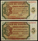 1938. Burgos. 5 pesetas. (Ed. D36a) (Ed. 435a). 10 de agosto. Pareja correlativa, serie L. Esquinas rozadas. EBC+.