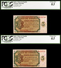 1938. Burgos. 5 pesetas. (Ed. D36b) (Ed. 435b). 10 de agosto. Pareja correlativa, serie M (última serie). Certificados por la PCGS como Choice New 63,...