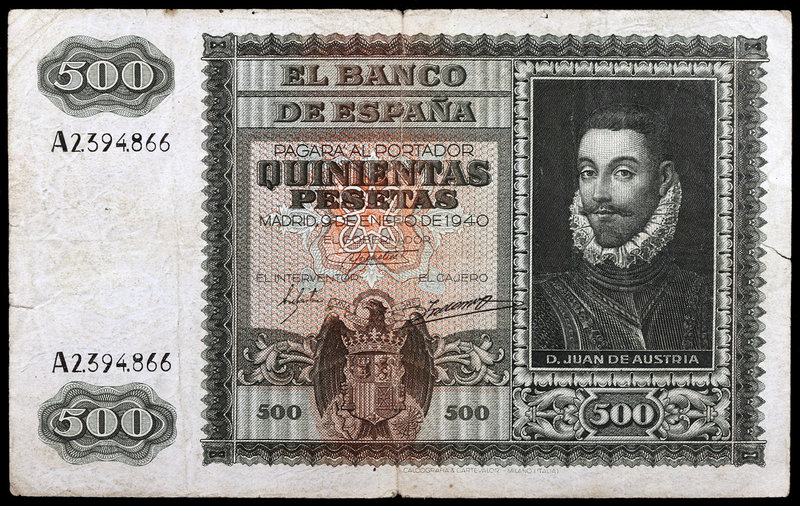 1940. 500 pesetas. (Ed. D40) (Ed. 439). 9 de enero, Juan de Austria. Pequeñas ro...