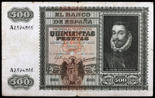 1940. 500 pesetas. (Ed. D40) (Ed. 439). 9 de enero, Juan de Austria. Pequeñas roturas. Raro. (MBC-).