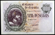 1940. 1000 pesetas. (Ed. D46) (Ed. 445). 21 de octubre, Carlos I. Manchitas. Leve doblez. Raro. EBC.