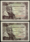 1945. 1 peseta. (Ed. D49 y D49a) (Ed. 448 y 448a). 15 de junio, Isabel la Católica. 2 billetes, sin serie y serie L. EBC+/S/C-.