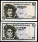 1948. 5 pesetas. (Ed. D56a) (Ed. 455a). 5 de marzo, Elcano. 2 billetes, series A y C. S/C-.