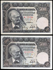 1951. 500 pesetas. (Ed. D61a) (Ed. 460a). 15 de noviembre, Benlliure. Serie B. 2 billetes. MBC+/EBC-.