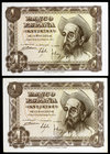 1951. 1 peseta. (Ed. D62) (Ed. 461). 19 de noviembre, Don Quijote. 2 billetes, sin serie. S/C-.