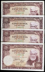 1951. 50 pesetas. (Ed. D63a) (Ed. 462a). 31 de diciembre, Rusiñol. 4 billetes, serie C. MBC/MBC+.