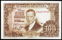 1953. 100 pesetas. (Ed. D65b) (Ed. 464c). 7 de abril, Romero de Torres. Serie 1H. Con la firma invertida del Cajero en reverso. MBC+.