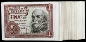 1953. 1 peseta. (Ed. D66a) (Ed. 465a). 22 de julio, Marqués de Santa Cruz. Lote de 101 billetes, series A, G (tres), I, J (tres), K (cuarenta), L (sei...