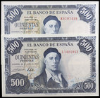 1954. 500 pesetas. (Ed. D69b) (Ed. 468b). 22 de julio, Zuloaga. 2 billetes, series K y L, uno con ligeras dobleces en una esquina. S/C-.