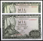 1965. 1000 pesetas. (Ed. D72 y D72a) (Ed. 471 y 471b). 19 de noviembre, San Isidoro. 2 billetes, sin serie y serie 1J. EBC.