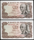 1970. 100 pesetas. (Ed. D73c var) (Ed. 472d). 17 de noviembre, Falla. Pareja correlativa, serie 9B. S/C.
