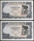 1971. 500 pesetas. (Ed. D74) (Ed. 473). 23 de julio, Verdaguer. Pareja correlativa, sin serie, uno con leve doblez. S/C-/S/C.