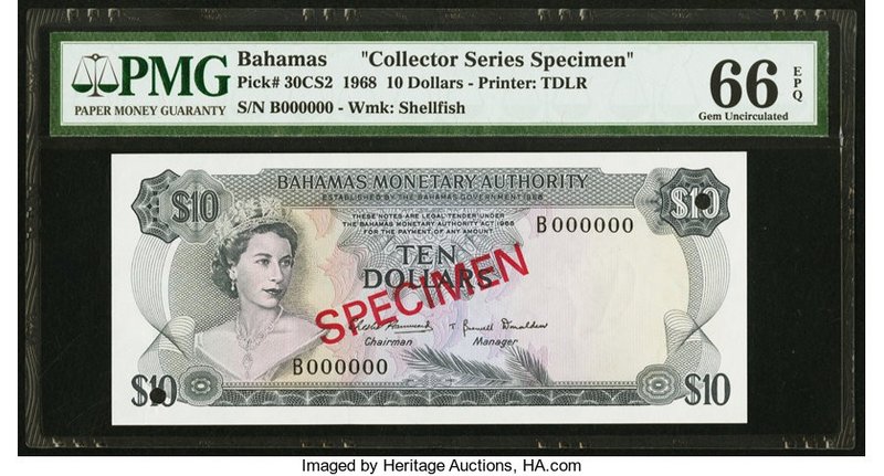 Bahamas Monetary Authority 10 Dollars 1968 Pick 30CS2 "Collector Series Specimen...
