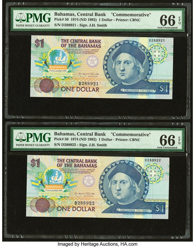 Bahamas Central Bank 1 Dollar 1974 (ND 1992) Pick 50 Five "Commemorative" Exampl...