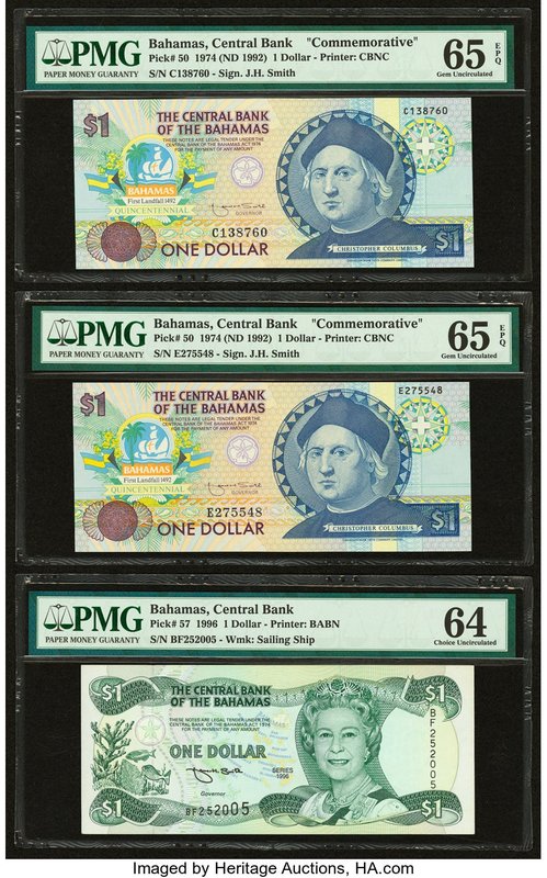 Bahamas Central Bank Lot Of Six PMG Graded Examples. 1/2 Dollar 2001 Pick 68 Two...