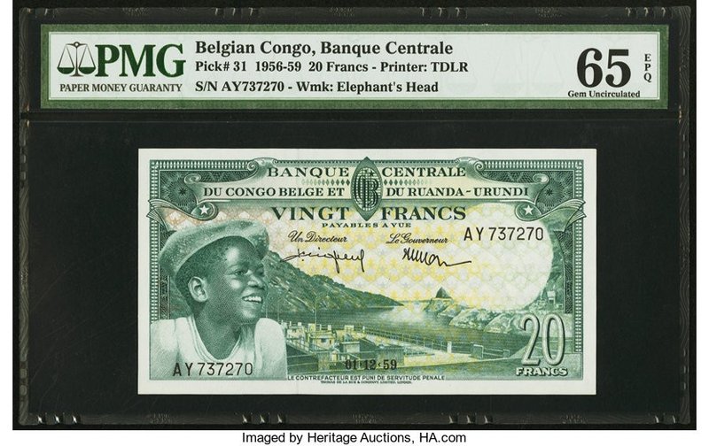 Belgian Congo Banque Centrale du Congo Belge 20 Francs 1956-59 Pick 31 PMG Gem U...