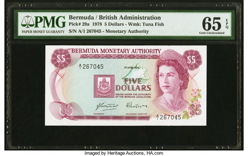 Bermuda Monetary Authority 5 Dollars 1.4.1978 Pick 29a PMG Gem Uncirculated 65 E...