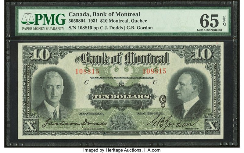 Canada Bank of Montreal $10 2.1.1931 Ch.# 505-58-04 PMG Gem Uncirculated 65 EPQ....