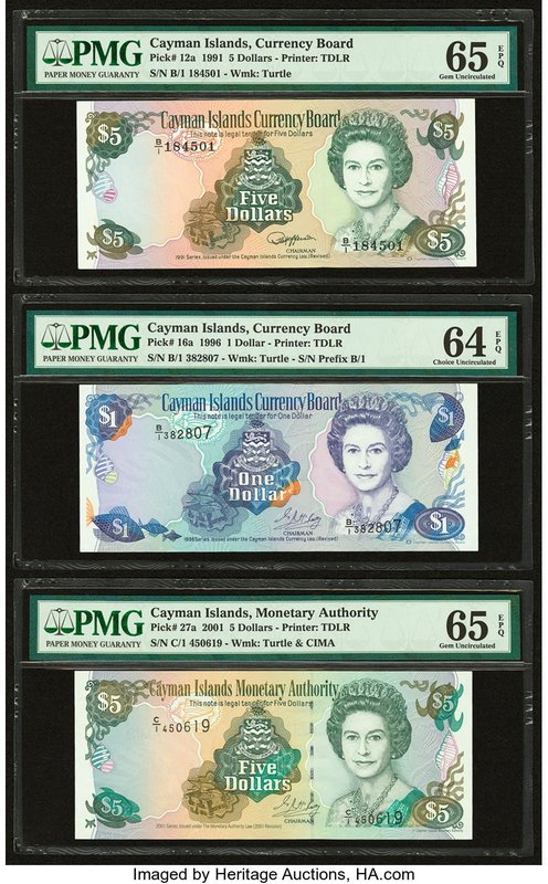 Cayman Islands Currency Board 5 (2); 1 Dollars 1991; 2001; 1996 Pick 12a; 27a; 1...
