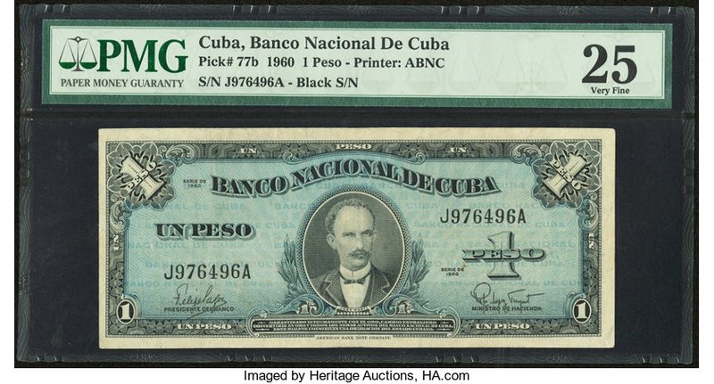 Error "Missing Seal" Cuba Banco Nacional de Cuba 1 Peso 1960 Pick 77b PMG Very F...