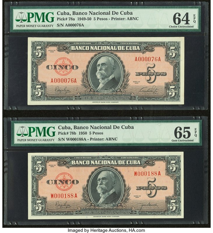 Low Serial Number Pair Cuba Banco Nacional de Cuba 5 Pesos 1949; 1950 Pick 78a; ...