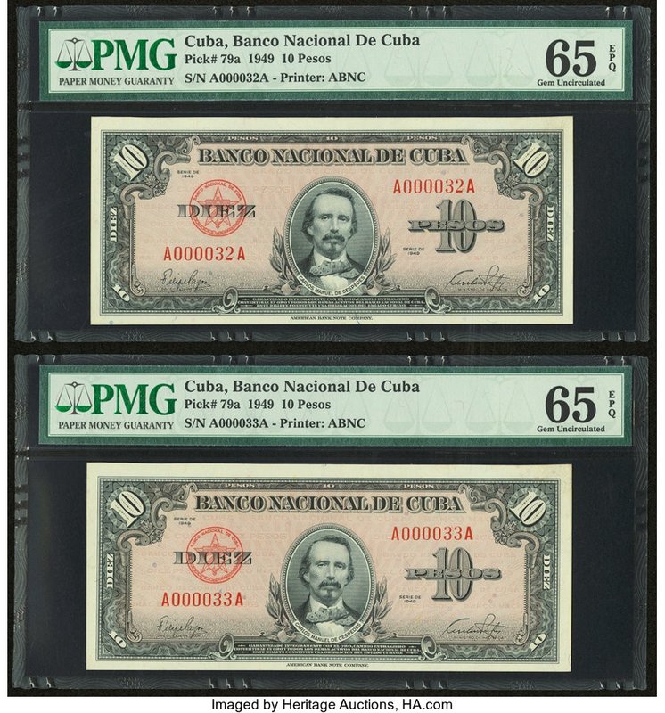 Low Consecutive Serial Number Pair Cuba Banco Nacional de Cuba 10 Pesos 1949 Pic...