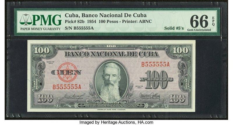 Solid Serial Number 555555 Cuba Banco Nacional de Cuba 100 Pesos 1954 Pick 82b P...