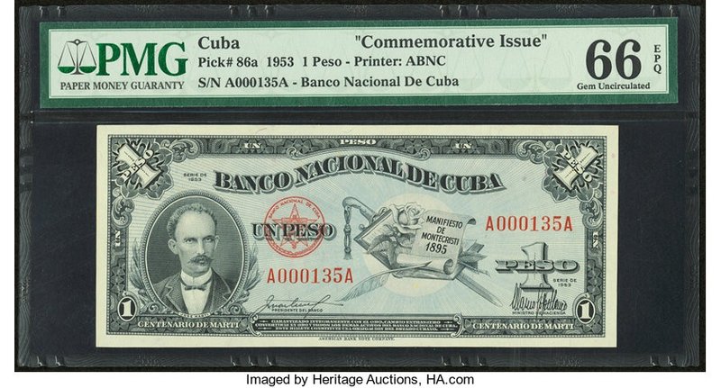Low Serial Number Cuba Banco Nacional de Cuba 1 Peso 1953 Pick 86a Commemorative...
