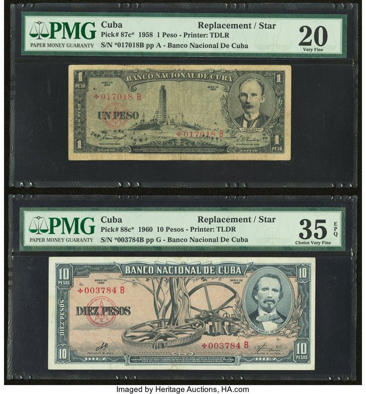 Cuba Banco Nacional de Cuba 1; 10 Pesos 1958; 1960 Pick 87c*; 88c* Two Replaceme...