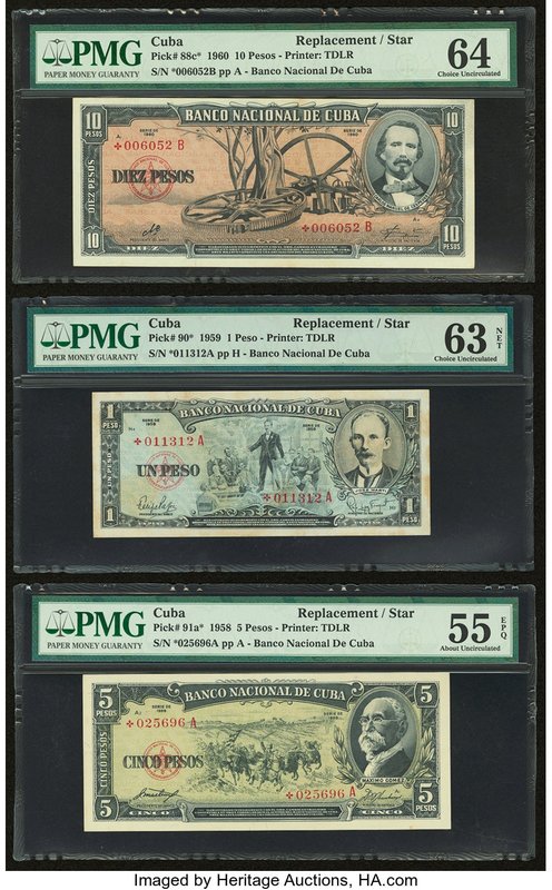 Cuba Banco Nacional de Cuba 10; 1; 5 Pesos 1960; 1959; 1958 Pick 88c*; 90*; 91a*...