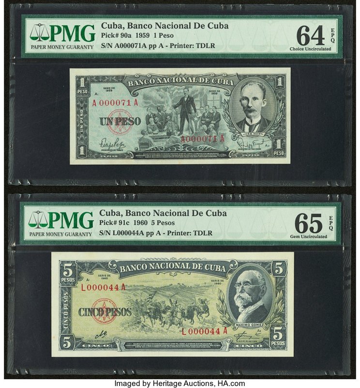 Low Serial Number Pair Cuba Banco Nacional de Cuba 1: 5 Pesos 1959; 1960 Pick 90...