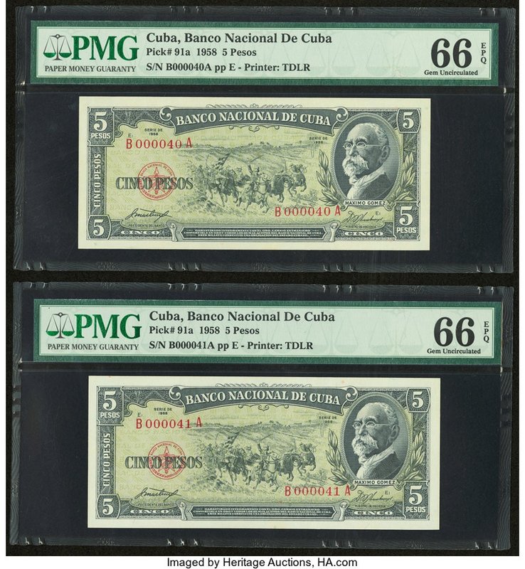 Low Consecutive Serial Number Pair Cuba Banco Nacional de Cuba 5 Pesos 1958 Pick...