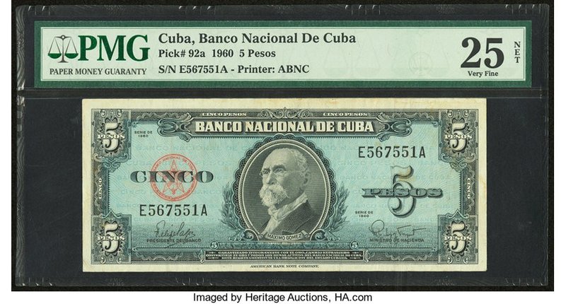 Error "Background Color" Cuba Banco Nacional de Cuba 5 Pesos 1960 Pick 92a PMG V...