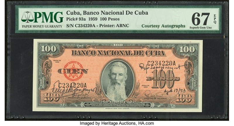 Courtesy Autographs Cuba Banco Nacional de Cuba 100 Pesos 1959 Pick 93a PMG Supe...