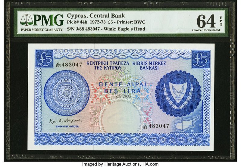 Cyprus Central Bank of Cyprus 5 Pounds 1.11.1972 Pick 44b PMG Choice Uncirculate...