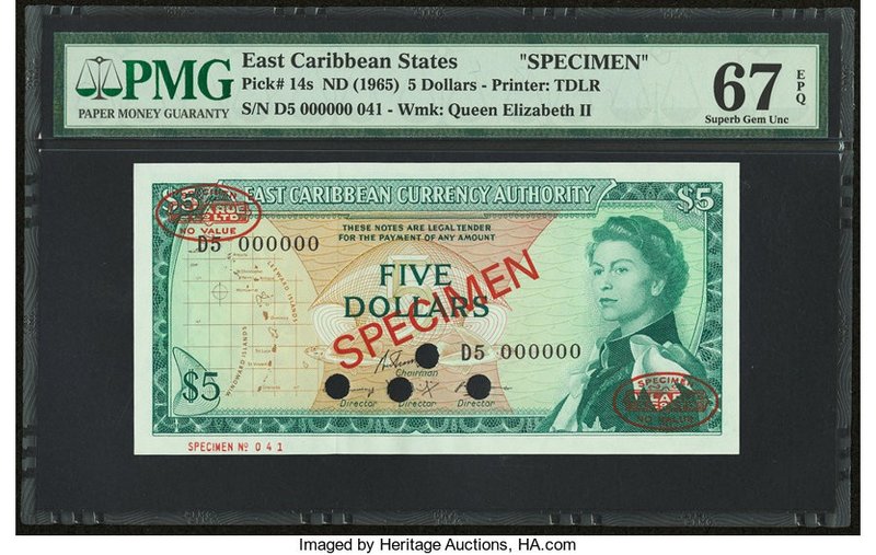 East Caribbean States Currency Authority 5 Dollars ND (1965) Pick 14s Specimen P...