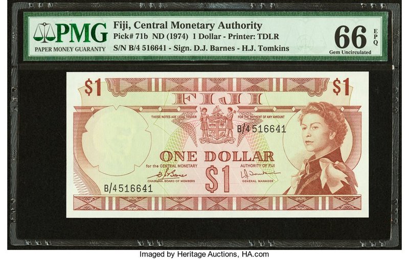 Fiji Central Monetary Authority 1 Dollar ND (1974) Pick 71b PMG Gem Uncirculated...