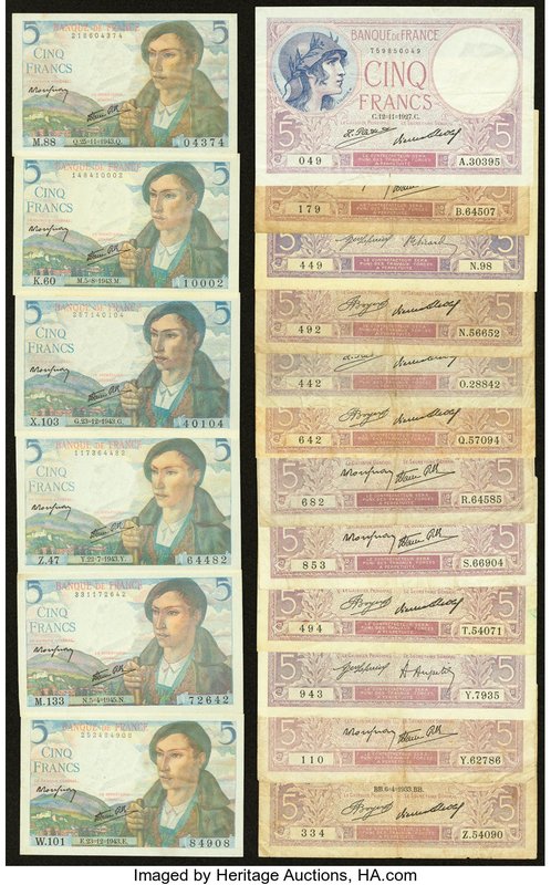 Two Dozen Notes from France Issued from the 1910s to the 1940s. Very Good or Bet...
