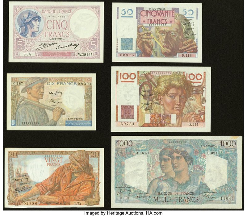 A Half Dozen Notes from France Issued from the 1920s to the 1940s. Very Fine or ...